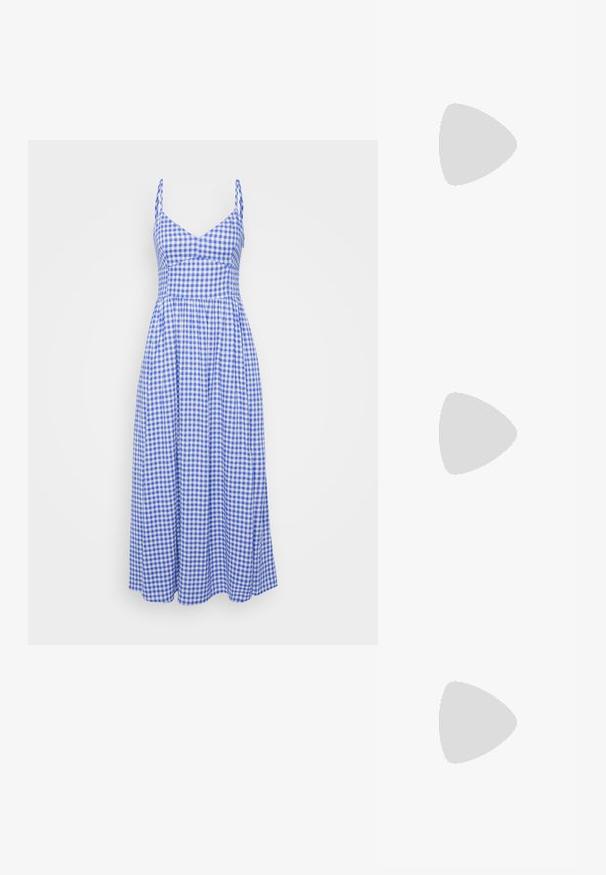 Mėlyna ir balta gipiūrinė suknelė su prigludusia juosmens dalimi, plonomis petnešėlėmis ir laisvai krentančia, kelių ilgio sijonu. Pagaminta iš medvilnės.; Juoda plisuota sijonas su aukštesniu priekiniu kraštu, derinamas su blizgiomis raudonomis plokščiomis bateliais, turinčiais dirželio dizainą. Medžiaga yra glotni.; Vėžlio kiauto saulės akiniai su stačiakampiais rudi objektyvais, storu rėmu ir siaurais rankenėlėmis, dekoruotomis skirtingų atspalvių ruda spalva.; Sidabriniai auskarai su sklandžiu, poliruotu paviršiumi. Apvalios formos ir saugus uždarymo mechanizmas. Lengvas dizainas, tinkantis kasdieniam dėvėjimui.