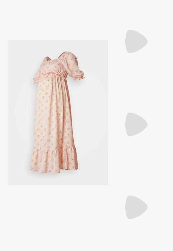 Rochie maxi floral dintr-un material roz deschis, cu mâneci bufante, talie elastică și tiv volanat. Prezintă modele mici de flori portocalii și galbene.; Balerini din piele neagră, vârf ascuțit, design minimalist, textură netedă, toc de mică înălțime, fără hardware sau embellishments vizibile.; Geantă structurată albă, cu mânere scurte și curea de umăr, având accente din metal aurit și material texturat, expusă pe un fundal gri.; Set de cercei aurii, cu diverse designuri, inclusiv cercei tip stud, cercei hoop și cercei lungi cu perle și strassuri.