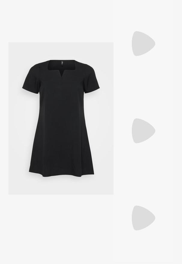 Black dress with short sleeves, square neckline, and A-line silhouette. Made from smooth fabric, featuring a slight sheen and no visible patterns.; Black strappy sandal with a square toe and a low block heel. Features multiple thin straps and an adjustable ankle strap. Made of smooth leather.; Black woven shoulder bag with a smooth leather strap and zipper closure. Features a textured surface and curved shape.; Silver double-band ring with a smooth, polished surface. Features a fluid, curved design with overlapping sections for a modern look.