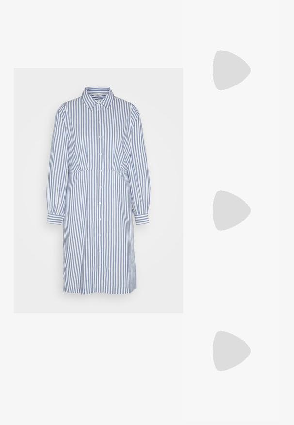 b.young DRESS - Abito a camicia - true navy mix; Scarpa slingback nera con punta affilata e tacco basso, realizzata in pelle liscia e con un design a taglio laterale per favorire la traspirabilità.; Borsa a tracolla nera in pelle con forma curva, manico sottile, cerniera argentata e logo Calvin Klein sul davanti. Texture liscia e design minimale.; Tre anelli metallici: uno in oro rosa, uno in oro con dettagli in rilievo e uno in argento, tutti con marchi incisi sulla parte interna.