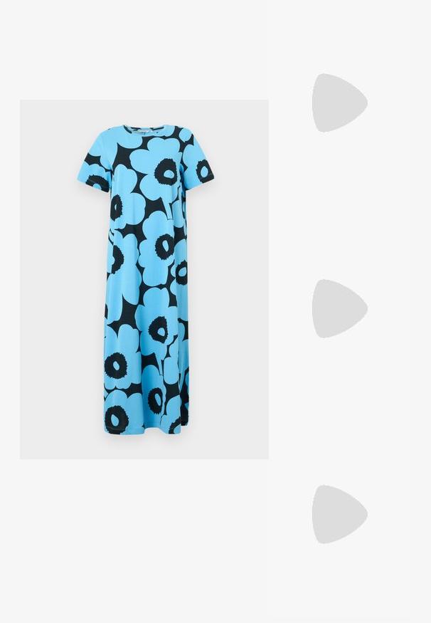 Maxi dress in light blue cotton featuring a bold black floral pattern. Short sleeves and round neckline enhance the casual design.; White leather sneakers with a thick white sole, black suede heel accent, and embossed logo on the side. Laced design with six eyelets.; Calvin Klein Jeans Sunglasses - black crystal; Calvin Klein HOOPS - Earrings - silver-coloured