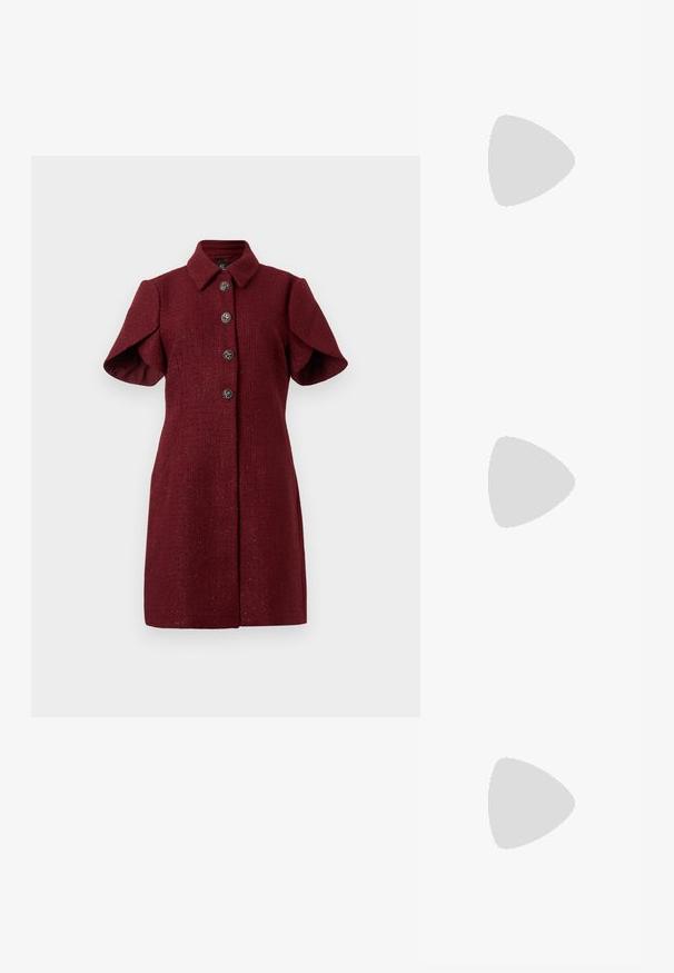 Abito cappotto corto bordeaux a maniche corte con colletto a punta e quattro bottoni decorativi argentati lungo il davanti.; Ballerine in pelle nera, punta affusolata, design minimalista, texture liscia, tacco basso, senza hardware o decorazioni visibili.; Borsa a tracolla nera in pelle con una texture liscia, forma rettangolare e dettaglio in catena metallica sul davanti. Inclusa una tracolla regolabile.; Orecchini a cerchio in oro con un design liscio e arrotondato. Presentano una chiusura in argento per una facile indossabilità, mettendo in mostra una finitura lucida.