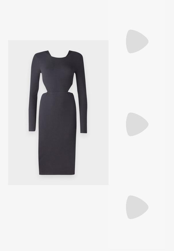 Robe longue à manches longues en tissu côtelé gris foncé, avec une silhouette ajustée, un col rond et un tissu texturé. Longueur mi-mollet avec une découpe sur le côté.; Baskets en cuir blanc avec une épaisse semelle blanche, un accent en daim noir au niveau du talon et un logo embossé sur le côté. Design à lacets avec six œillets.; Lunettes de soleil noires surdimensionnées avec une forme géométrique, dotées de verres foncés et d'un détail gris contrastant sur la monture. Logo sur la branche.; Boucles d'oreilles en argent avec une finition lisse et brillante. Forme arrondie, conception légère, avec un fermoir à tige.