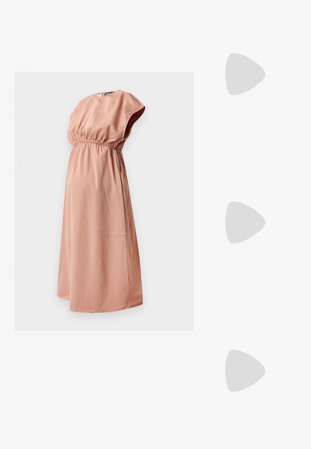 Maternity dress in soft, dusty rose fabric, featuring a gathered waist, cap sleeves, and a knee-length hem for comfort and ease of wear.; Black patent leather slingback heels with a pointed toe, a rounded cutout design, and a block heel. Features a gold-tone buckle accent.; Black oversized sunglasses with gradient lenses, thick frames, and gold-tone chain detailing on the temple arms.; Black handbag with structured shape, smooth texture, and a metallic clasp. Paired with wide black pants and open-toe sandals on wooden floor.