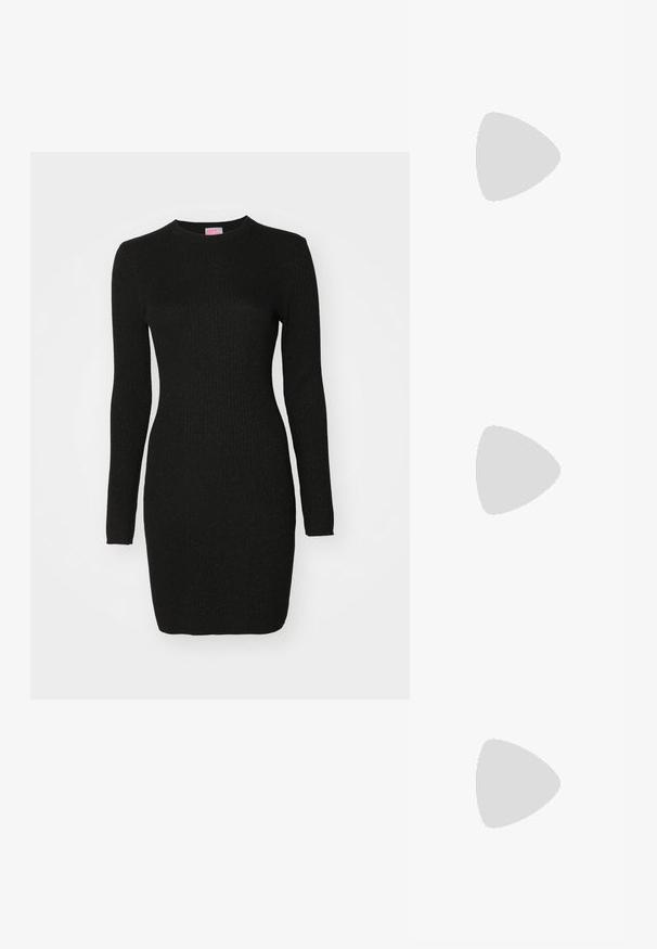 Mustast ribadenaise kleit pika varrukaga, ümmarguse kaelusega ja keha külge liibuv, millel on kangas õrn sära.; Mustad nahast slingback kontsad terava ninaga, millel on õhuke konts ja kuldse tooni aktsent reguleeritaval rihmal. Sile tekstuur.; Must mustrist käekott, millel on struktureeritud disain, lühendatud kuju, ülemine käepide ja kuldne metallist detail. Reguleeritav õlalihm on kaasas.; Hõbedased rõngaskõrvarõngad, millel on sile ja läikiv pind. Ümar kuju, kerge disain, millel on post-tagumise kinnituse süsteem.