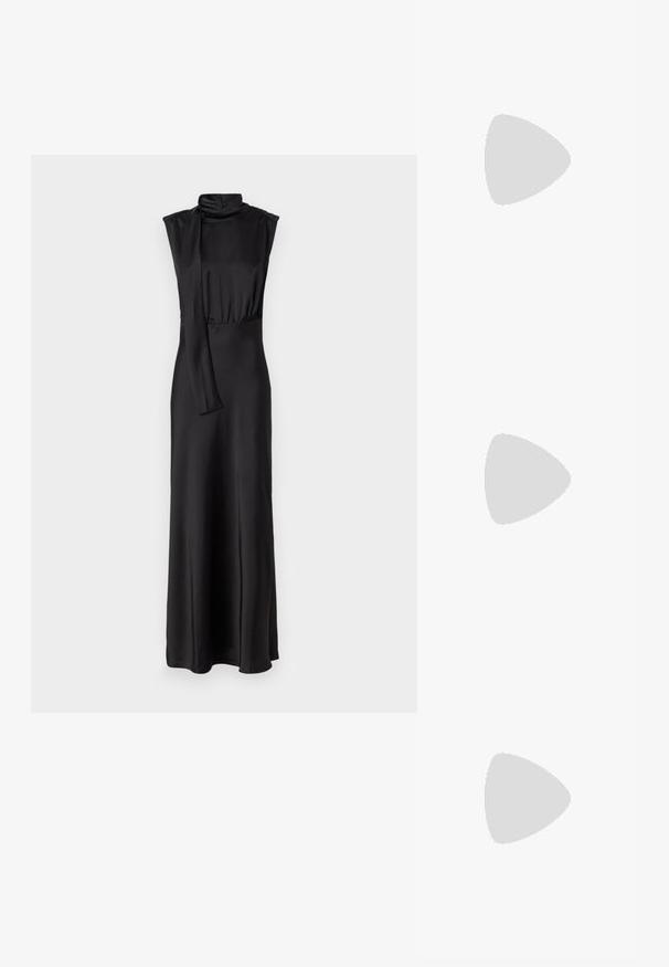 Black satin maxi dress with a high neck and sleeveless design, featuring a gathered waist and a flowing silhouette. Smooth texture.; Black high-heeled sandals feature thin straps with a knotted design, a smooth square toe, and a sleek stiletto heel.; Light gray metallic handbag featuring a chain strap, embellished with small circular metallic studs and a triangular brand logo.; Silver hoop earrings with a smooth, shiny finish. Rounded shape, lightweight design, featuring a post-back closure.