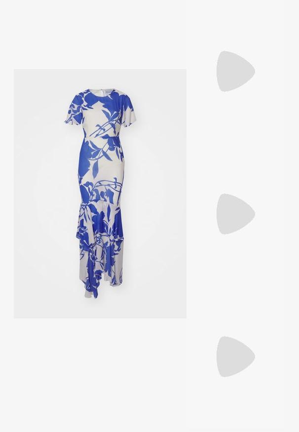 Vestido azul com estampa floral, mangas curtas, corpete ajustado e bainha com babados. Feito de um tecido suave com um fundo creme.; Saltos slingback em couro sintético bege com bico apontado e um salto quadrado fino. Textura suave e design minimalista sem embellishments.; Óculos de metal dourado com lentes ovais, hastes finas e almofadas nasais transparentes. Apresenta acentos sutis nas dobradiças e lentes transparentes.; Bolsa de mão texturizada bege com alça ajustável, dois bolsos frontais fechados por fivelas e detalhes em metal dourado. Fecho em zíper na parte superior.