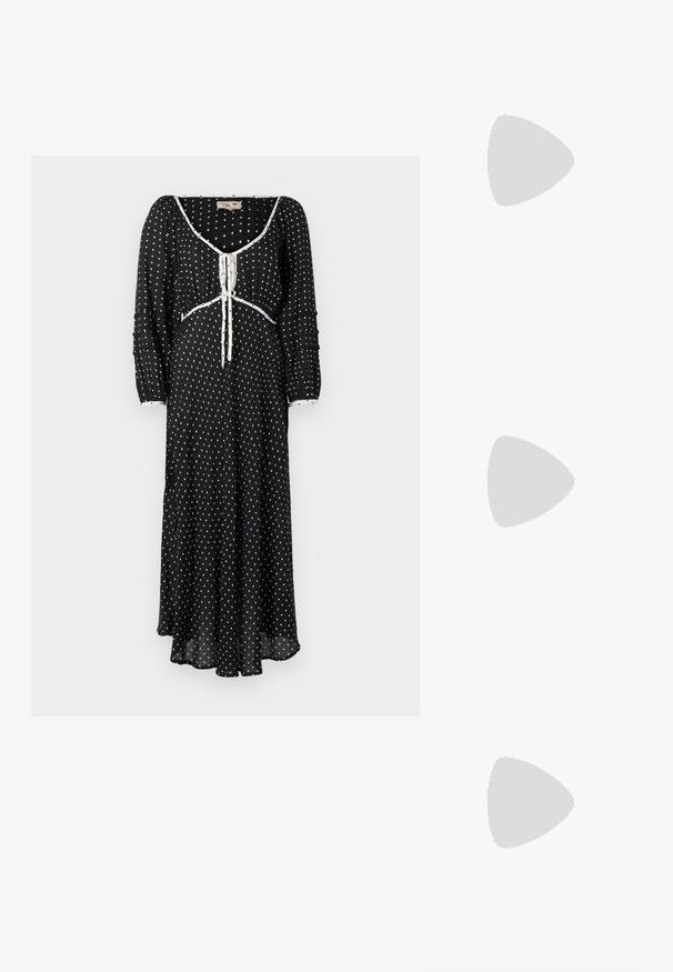 Μαύρο φόρεμα με λευκές βούλες, μακριές φουσκωτές μανίκες, V-λαιμόκοψη με κορδόνι και ροή σιλουέτας. Μαλακό, ελαφρύ ύφασμα.; Άσπρο κοντομάνικο μπλουζάκι φτιαγμένο από ριγέ ύφασμα. Στρογγυλ�ή λαιμόκοψη, κανονική εφαρμογή και διακριτές λεπτομέρειες ραφής. Χωρίς σχέδια ή γραφικά.; Μαύρο δερμάτινο μπαλαρίνι με στρογγυλή μύτη, λεία υφή, ελάχιστες λεπτομέρειες ραφής και σχεδίαση ευέλικτης σόλας.; Καφέ δερμάτινη τσάντα χειρός με κλείσιμο καπάκι, χρυσές λεπτομέρειες, ιμάντα ώμου και λεία υφή. Συμπαγές ορθογώνιο σχήμα.