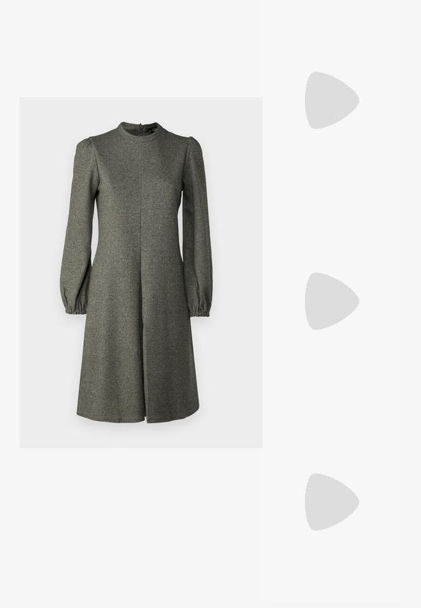 WEEKEND MaxMara CANARD - Vapaa-ajan mekko - grey; Musta nahkainen ballerina, jossa on pyöristetty kärki, sileä pinta, minimaalinen ommelkoristelu ja joustava pohjamuotoilu.; Mustan nahka-buckettikassi, jossa on teksturoitu pinta, kultaiset metalliosat ja avoin yläosa. Ominaisuuksiin kuuluu lyhyt kahva ja säädettävä olkahihna.; Kultaketjut korvakorut, joissa on kierretystä muotoilusta valmistettu solmu. Jokaisessa korvassa on pyöreä, kirkas tausta varman käyttömukavuuden takaamiseksi.