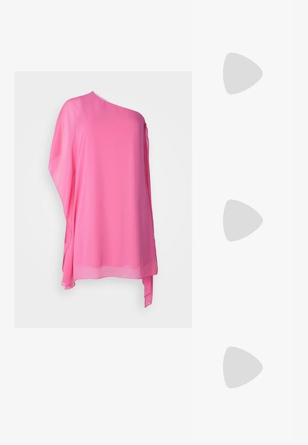 Pink sheer blouse with an asymmetrical one-shoulder design. Lightweight fabric and flowing shape, featuring soft draping and a relaxed fit.; Black patent leather slingback heels with a pointed toe and a small block heel, featuring a silver buckle accent on the strap.; Black leather handbag with a curved shape, detachable strap, and gold hardware. The bag features a flap with a buckle detail.; Silver-tone earrings in a twisted hoop design, featuring a textured surface and ribbed detailing, secured with a post clasp.