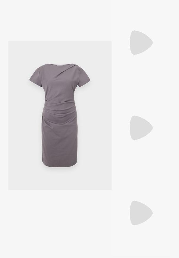 Gray short-sleeve dress with a fitted silhouette, featuring gathered detailing at the waist, smooth texture, and knee-length hem.; Black leather slingback shoe with pointed toe, small heel, and decorative buckle detail on the upper. Smooth texture, minimalistic design.; Black leather crossbody bag with two front pockets, gold buckles, zipper closure, and a slim strap. Textured surface and compact rectangular shape.; Gold-tone earrings featuring a rectangular, clear crystal dangling below a row of small, round clear accents. Sleek, modern design.