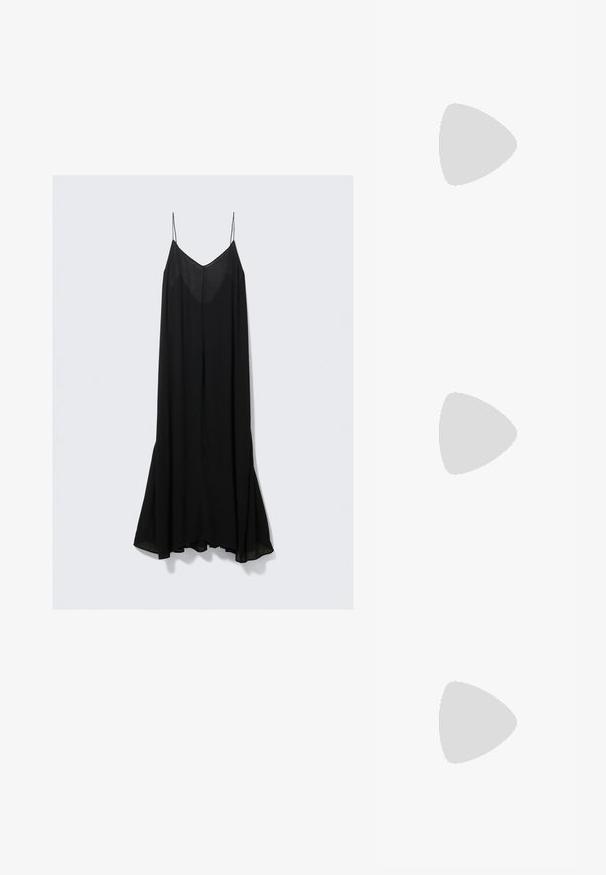 Robe noire sans manches avec un décolleté en V profond, fabriquée en tissu léger et ayant une silhouette fluide qui s'évasent à l'ourlet.; Mango Chemisier - brown; Sandales à talons transparents avec deux brides transparentes, une semelle beige et un talon bloc géométrique transparent. Design minimaliste avec une texture lisse.; Sac en daim beige avec deux longues poignées, de forme rectangulaire et avec des coutures décoratives. Dispose d'une bandoulière et de subtils accents en métal doré.