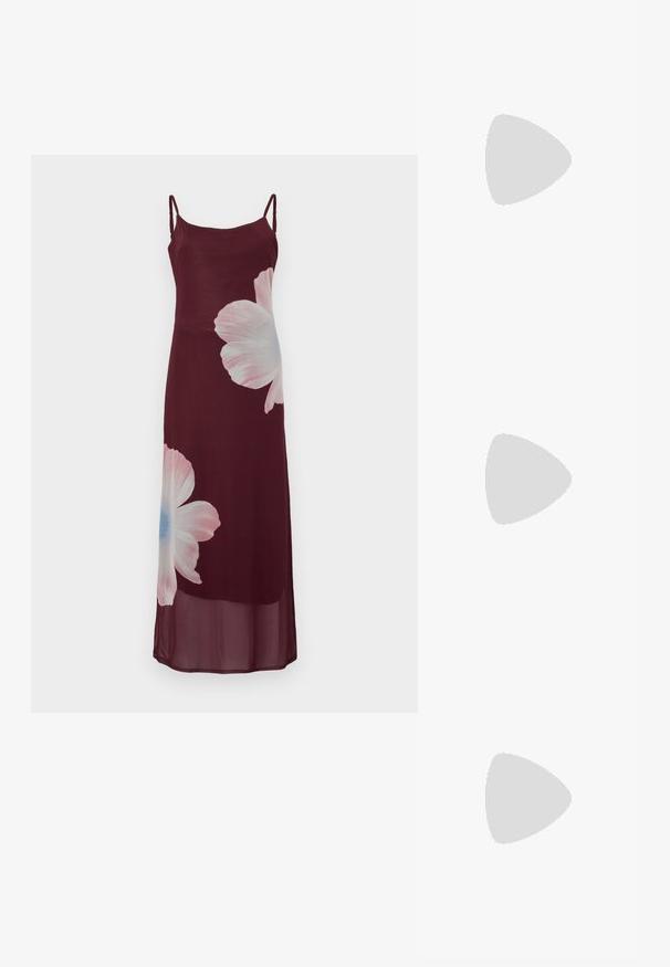Vestido maxi burgundy com alças finas, apresentando grandes estampas florais em rosa claro e azul na parte da frente. Feito de um tecido leve e transparente.; Sapatos de salto alto metálicos dourados, com biqueira em ponta e salto grosso. Textura suave, design minimalista e uma tira estreita.; Bolsa de couro preta com forma curva, alça destacável e detalhes em dourado. A bolsa possui uma aba com detalhe de fivela.; Brinco em metal dourado com um design elegante e curvo. Apresenta uma forma pontiaguda distinta, superfície polida e fecho por dobradiça.