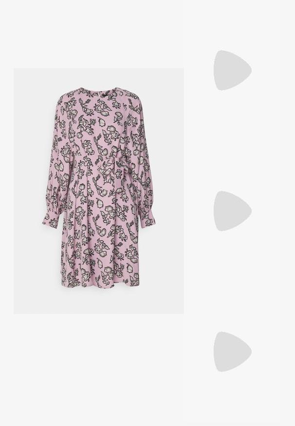 Long-sleeve dress in light pink fabric with black floral pattern. Features a round neckline and waist tie detail, gently flared at the hem.; Brown patent leather slingback shoe with a pointed toe and a moderate heel. Features a buckle strap for secure fit. Smooth texture.; Brown tortoiseshell glasses with oval lenses, thin arms, and transparent accents. Features a subtle logo on the temple. Sleek, lightweight design.; Brown leather crossbody bag with a curved shape, gold hardware, and a buckle accent. Features a detachable shoulder strap.