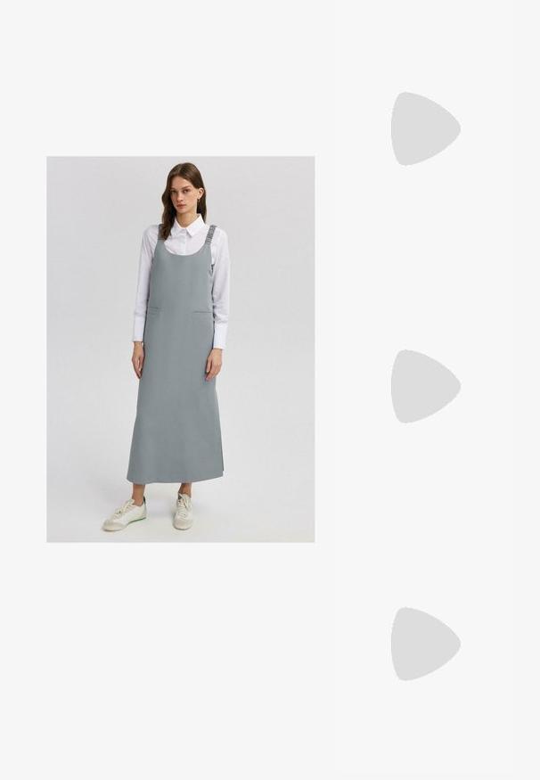 Touché Privé THICK STRAP - Maksi suknelė - grey; Auksiniai, metaliniai slingback aukštakulniai bateliai su smailiu pirštu ir masyviu kulnu. Lygus paviršius, minimalizmo dizainas ir siaura juostelė.; Juodas odinis krepšys su išlenkta forma, nuimamu dirželiu ir auksiniais detalėmis. Krepšys turi kilpą su sagtimi.; Aukso tono metalinės auskarai su stilingu, kreiviu dizainu. Išsiskiria ryškiu smailiu pavidalu, poliruota paviršiumi ir užsegimu su vyriu.