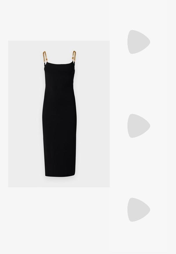 Black sleeveless dress with a fitted silhouette, featuring gold chain accents on the straps. Made from stretchy fabric for comfort.; Black patent slingback heel with a pointed toe, featuring textured snake print, adjustable strap, and a short, textured block heel.; Black leather crossbody bag with two front pockets, gold buckles, zipper closure, and a slim strap. Textured surface and compact rectangular shape.; Gold-tone metal hoop earrings with a curved, elongated shape. Features a smooth, shiny surface and a rounded tip for added detail.