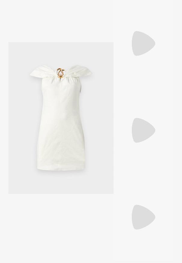 White sleeveless dress with a bow-like neckline and a decorative gold hardware detail at the center. Linen texture; fitted silhouette.; Black patent slingback heel with a pointed toe, featuring textured snake print, adjustable strap, and a short, textured block heel.; Black leather crossbody bag with two front pockets, gold buckles, zipper closure, and a slim strap. Textured surface and compact rectangular shape.; Gold-tone metal hoop earrings with a curved, elongated shape. Features a smooth, shiny surface and a rounded tip for added detail.