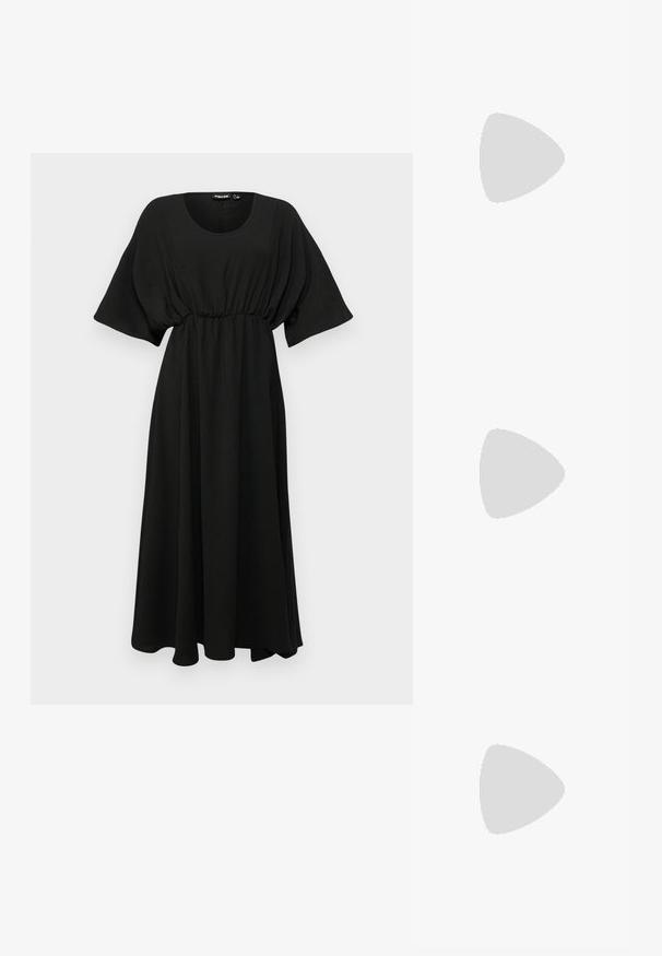 Črna obleka do kolen s kratkimi, širokimi rokavi, nabranim pasom in lahkim materialom. Ima gladko teksturo in preprost okrogel izrez.; Črne patent usnjene slingback pete s koničastim nosom in majhnim blok peto, ki vključujejo srebrno zaponko na traku.; Črna usnjena torbica s ukrivljeno obliko, z odstranljivo naramnico in zlatimi dodatki. Torbica ima pokrov s podrobnostmi v obliki zaponke.; Zlato obarvani uhani z teksturiranimi, valovitimi oblikami. Vključujejo skulpturalne sponke za ušesa in odprto obliko obročka s kladivastim finišem.