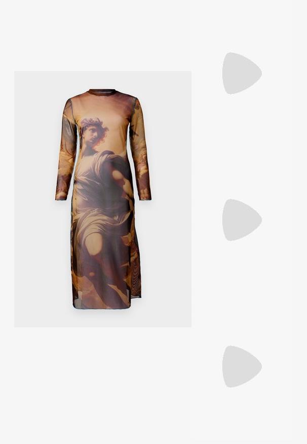 Sheer long-sleeve dress featuring a classical art print in warm tones, with a round neckline and a straight silhouette. Accented with blue stitching.; White cotton t-shirt with a crew neck, short sleeves, and a relaxed fit. Features minimal branding at the neckline. Smooth texture.; Black leather ballet flat with a rounded toe, smooth texture, minimal stitching detail, and a flexible sole design.; Black synthetic handbag with a curved shape, featuring a large silver square buckle and a single rounded handle. Smooth texture.
