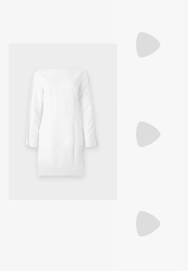 White long-sleeve dress with a square neckline and intricate lace detail along the sleeves. Smooth texture and fitted silhouette.; White cotton t-shirt featuring a large, bright red lobster graphic on the front. Short sleeves and standard crew neck design.; Black leather loafers with a rounded toe, chunky heel, and strap detail. Worn with white ankle socks, set against a light backdrop.; Red leather handbag with an angular, geometric design. Features a single adjustable strap and a flap closure with stitched detailing.
