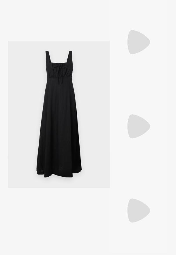 Črna maksi obleka iz lahkega materiala, z kvadratnim izrezom, nastavljivim vezi na oprsju in zračnim krilom.; Črne lakirane slingback pete s koničastim nosom in geometrijsko blokasto peto. Imajo eleganten, minimalističen dizajn in gladko teksturo.; Črna usnjena torbica s ukrivljeno obliko, z odstranljivo naramnico in zlatimi dodatki. Torbica ima pokrov s podrobnostmi v obliki zaponke.; Zlato-tonirani uhani v obliki obroča z gladko, polirano površino. Imajo obliko polkroga in varno zaponko na peto.