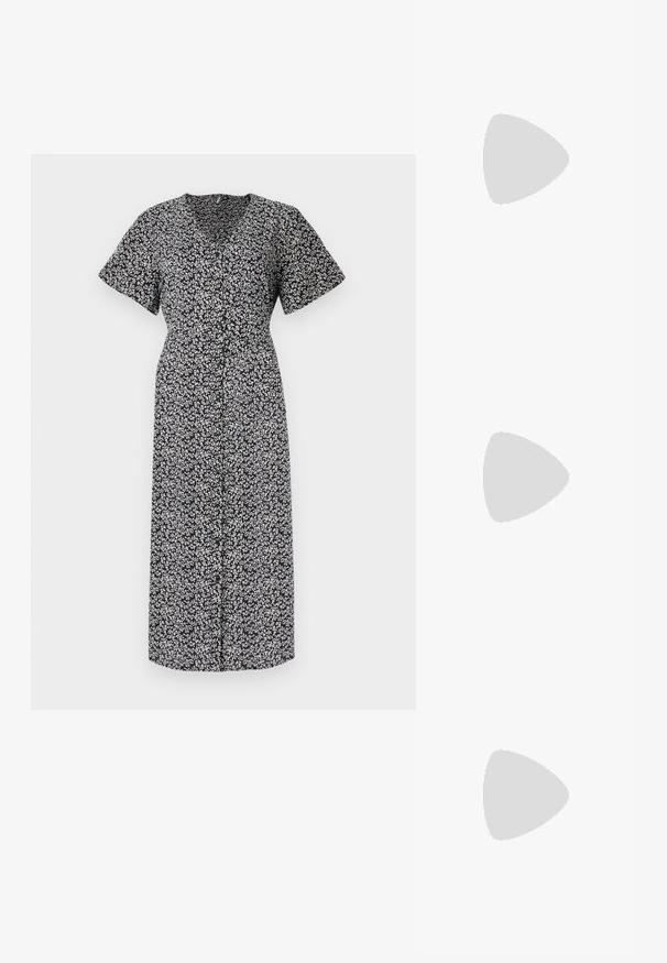 Vestido com padrão floral em preto e branco, mangas curtas, decote em V profundo, fecho de botões na frente, até ao joelho, feito de tecido leve, corte casual.; Chinelas pretas com duas tiras largas decoradas com tachas e fivelas detalhadas, montadas numa sola robusta de borracha texturizada.; Bolsa de mão em couro sintético preto com textura matelassé, forma curva, alça em corrente prateada e um pequeno logo em destaque na frente.; Relógio de pulso retangular em tom de ouro com um mostrador branco, marcadores de horas em tom de prata e uma pulseira de metal resistente. Inclui função de resistência à água.