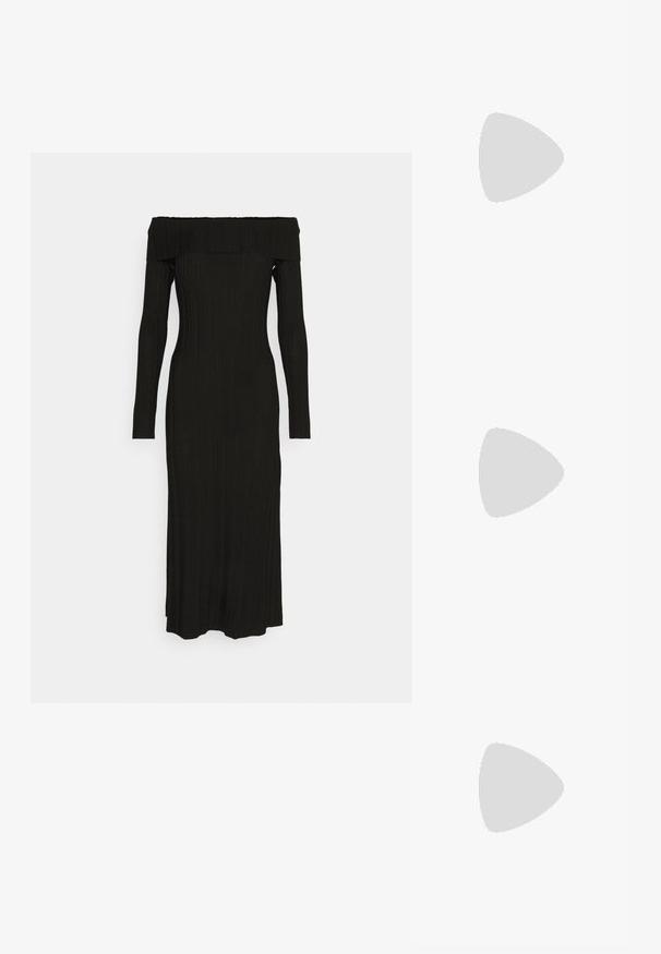 Rochie neagră cu dungi, off-the-shoulder, cu mâneci lungi, siluetă strâmtă și lungime până la glezne, fabricată dintr-un material texturat.; Pantof cu toc mic, cu vârf ascuțit și slingback, realizat din piele netedă, având un design decupat pe lateral pentru respirabilitate.; Geantă de umăr din piele neagră cu o textură moale, formă triunghiulară și curea ajustabilă, asortată cu o bluză cu dungi albastre deschise și pantaloni albi.; Trei inele din metal: unul roz aurie, unul auriu cu accente texturate și unul argintiu, toate cu branding gravat pe banda interioară.