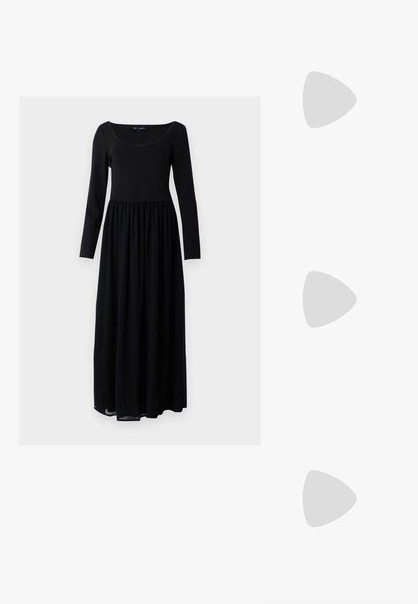 Melna maxi kleita ar garām piedurknēm, pieguļoša augšdaļa un savākta josta, izgatavota no gludas, vieglas auduma, ar plašu izgriezumu.; Balta kokvilnas T-krekls ar lielu, spilgti sarkanu omāru grafiku uz priekšu. Īsas piedurknes un standarta apļveida kakla dizains.; Balti augstie kanvas sporta apavi ar melnu gumijas zoli, priekšējo gumijas purngalu un sešām acīm lencēm, kuriem ir tīrs, minimālistisks dizains.; Sarkans ādas rokassomi ar stūrainu, ģeometrisku dizainu. Iekļauj vienu regulējamu siksnu un vāku ar izšūtu detaļu.