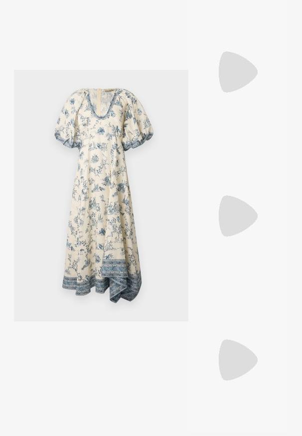 Floral print dress in off-white and blue, featuring puff sleeves, a V-neck, and a curved hem with a blue patterned border.; White leather sneakers, low-top design, featuring a smooth texture, round toe, laced front, and a small embroidered logo on the side.; Black leather bucket bag with a textured finish, gold hardware accents, and an open top. Features a short handle and adjustable shoulder strap.; Gold-tone knot stud earrings with a twisted design. Each earring features a circular clear backing for secure wear.