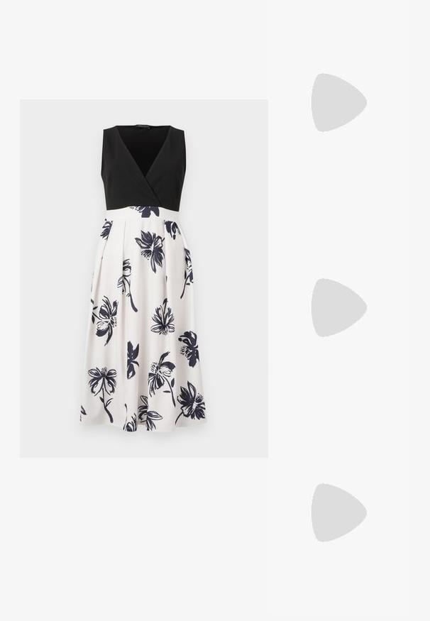 Robe sans manches avec un corsage noir en V et une jupe blanche ornée de motifs floraux de marine. Le tissu est lisse avec des détails plissés.; Talons aiguilles blanches à bride arrière avec un bout pointu, un dessus lisse, un petit talon carré et un design avec découpes latérales et sangle réglable.; Lunettes de soleil rondes avec verres sombres et monture en or. Le modèle porte un cardigan à côtes bleu clair avec des boutons et des manches blanches contrastantes.; Porte-monnaie Michael Kors en toile enduite beige avec un motif répété de logo MK, des accessoires en or et une bandoulière en chaîne amovible.
