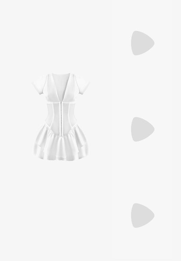 Weißes Kleid mit kurzen Ärmeln, tiefem V-Ausschnitt, tailliertem Oberteil und mehrlagigem Rüschenschoß. Strukturstoff mit Reißverschluss vorne.; Schwarze Ledersneaker mit weißen Streifen, runder Zehenpartie, weißen Schnürsenkeln und Gummisohle. Abgerundet durch gepolsterten Kragen und Branding-Details.; Schwarze Sonnenbrille mit übergroßen, runden Fassungen. Die Gläser verlaufen von dunkel zu hell. Verfügt über ein elegantes, glänzendes Finish und dezente Logopralle auf den Schläfen.; Burgunderleder-Handtasche mit einem weichen, gerafften Design und einer gerundeten Form. Der Griff ist gesichert und zeigt eine glatte Textur.