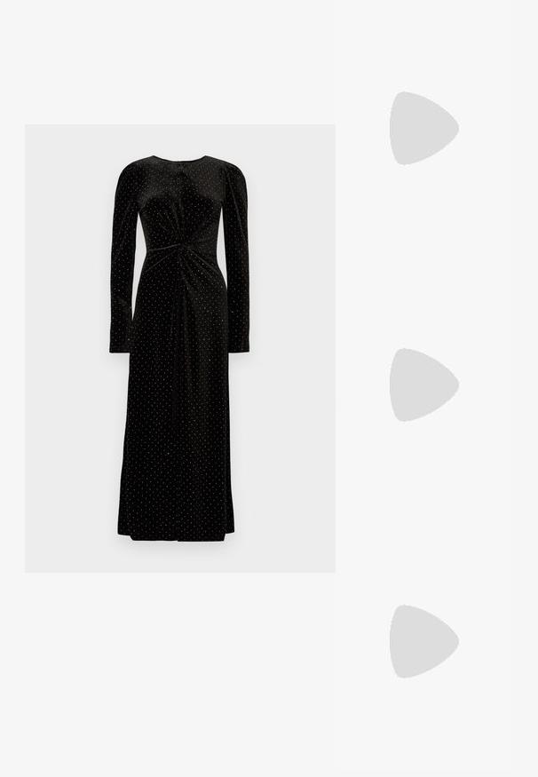 Black velvet dress with long sleeves, a knotted front design, and white polka dot accents throughout, featuring a floor-length silhouette.; Pointed-toe high heel shoe with a silver, gold, and nude color scheme. Glossy finish with cutout design, featuring a stiletto heel.; Silver metallic pouch bag with a soft, rounded shape and a knotted top closure. Made from smooth faux leather material.; Silver hoop earrings with a twisted design, featuring a polished finish and post-back closure. Measure approximately 3 cm in diameter.