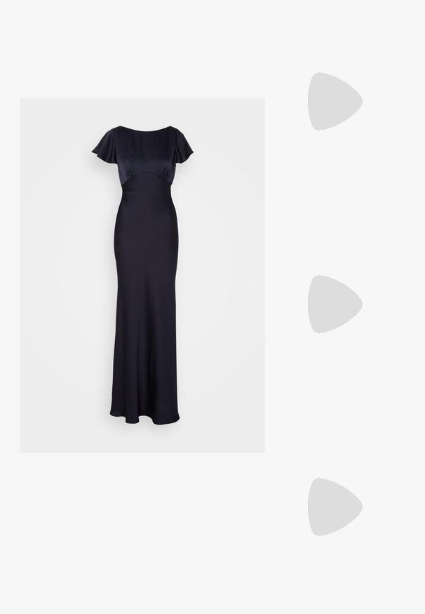 Rochie lungă, de culoare bleumarin, realizată dintr-un material fin, având mâneci scurte și vaporoase, un corset ajustat și o fustă fluidă, cu un decolteu rotund.; Sandal cu barete negre, cu vârf pătrat și toc mic de bloc. Prezintă mai multe barete subțiri și o bareta ajustabilă la gleznă. Fabricat din piele netedă.; Geantă de umăr din piele neagră, cu o textură netedă, formă rectangulară și un detaliu din lanț metalic în față. Include curea reglabilă.; Cercei aurii cu un design curbat, asemănător unui inel, având un accent sferic argintiu proeminent. Finisaj metalic lucios, cu închidere prin spate.