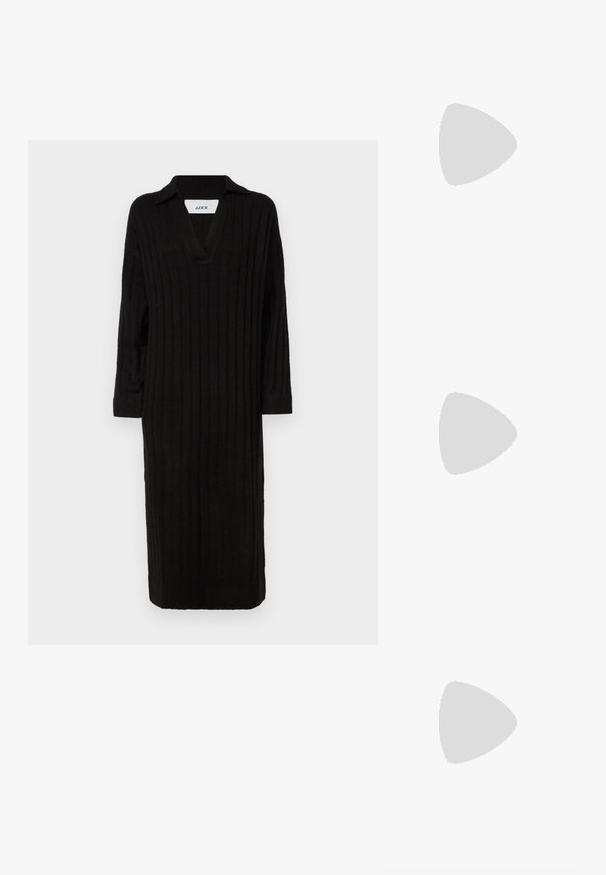 Musthave mustriba kootud kleit V-kaelusega ja kraega, pikkade varrukatega ja põlve pikkusega hemiga. Lihtne disain tekstureeritud pinnaga.; Pruunid nahast cowboy saapad terava varbaga ja plokk-kandaga, millel on detailne tikand ja kergelt tõstetud aktsendid varrel.; Halli prillid halli gradient objektiiviga, kuldne metallraam ja mustad plastikaktsendid. Ainsad liblikakujulised objektiivid, millel on peened sangad.; Hõbedased rõngaskõrvarõngad keerutatud disainiga, millel on poleeritud viimistlus ja posti-tagune sulgemine. Diameeter umbes 3 cm.