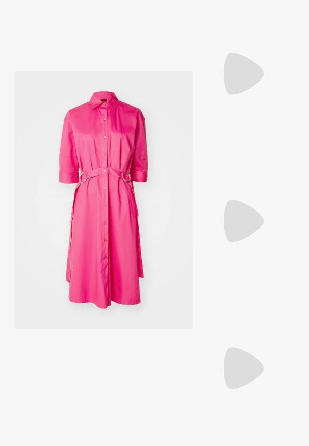 HUGO KITERINA - Rochie tip cămașă - bright pink; Balerini din piele neagră, vârf ascuțit, design minimalist, textură netedă, toc de mică înălțime, fără hardware sau embellishments vizibile.; Geantă de umăr din piele neagră, cu o textură netedă, formă rectangulară și un detaliu din lanț metalic în față. Include curea reglabilă.; Cercei din argint cu stud pătrat, având un finisaj neted și lustruit, într-o formă de lacrimă, care reflectă lumina cu o suprafață lucioasă.