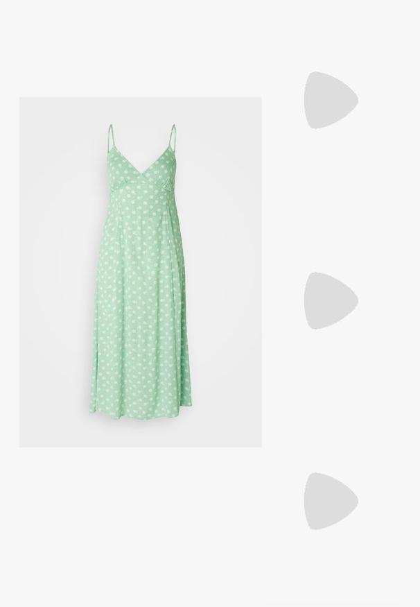 Vestido verde claro hecho de una tela suave, con tirantes ajustables y un patrón floral con flores blancas. Silueta en A.; Bailarinas negras de cuero, adornadas con tachuelas plateadas. Cuentan con una correa sobre el empeine y un diseño de punta redonda.; Gafas de sol de forma ovalada con lentes verdes, frente de plástico negro y varillas delgadas de metal dorado. Presentan un diseño minimalista con textura suave.; Bolso de mano de cuero sintético negro con un diseño curvado, bolsillo frontal con cremallera y herrajes decorativos, acompañado de un monedero redondo desmontable.