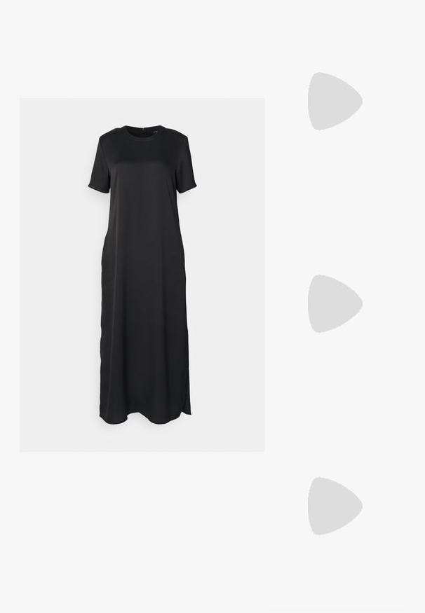 Rochie neagră, cu mâneci scurte, realizată dintr-un material neted, cu un croi drept, decolteu rotund și detalii pe cusăturile laterale.; Sandale slingback din piele neagră cu vârf ascuțit, având un toc subțire și un accent de culoare aurie pe curea ajustabilă. Textură netedă.; Geantă de umăr din piele neagră, cu un design structurat, având o formă tăiată, mânere superioare și accente din aur. Include o curea de umăr ajustabilă.; Cercei din argint sub formă de cerc, cu o suprafață netedă și un rând de pietricele clare mici de-a lungul marginii inferioare, având un sistem de prindere cu tijă.