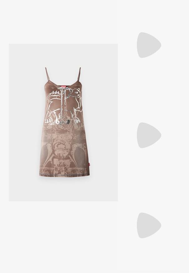 Brown sleeveless dress with a graphic design featuring a bear. Soft fabric with a smooth texture, showing layered patterns and a brand tag.; Beige patent leather slingback heels with a pointed toe and 5 cm heel, featuring cut-out sides and a thin ankle strap.; Tortoiseshell sunglasses with elongated oval lenses, brown tint, gold logo accents on temples, and sleek black arms.; Pearl and crystal necklace with a round, beaded design in pale hues, featuring alternating pearls and sparkling accents, worn around the neck.