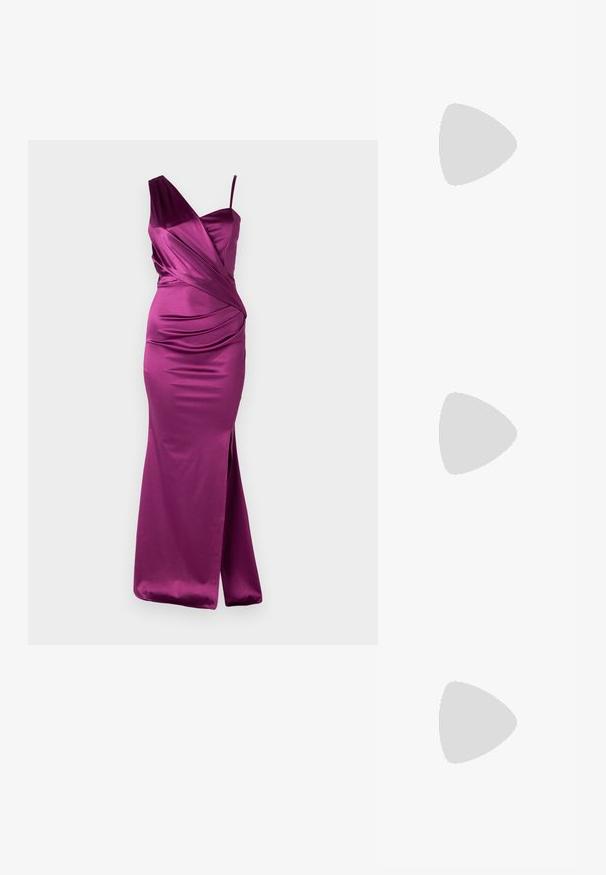 Rochie din satin fuchsia cu un bretele, cu un design drapat și fante laterale. Siluetă elegantă cu textură fină și cădere grațioasă.; Sandale negre cu toc, cu mai multe curele încrucișate. Material neted, vârf ascuțit și toc subțire. Curea ajustabilă la gleznă cu cataramă.; Geantă de mână din piele neagră, cu clapetă și un detaliu din metal auriu. Include o curea neagră și un design elegant, minimalist.; Cercei cercuri din aur cu un finisaj neted și strălucitor. Design circular cu un mic suport și un spate transparent pentru o purtare sigură.