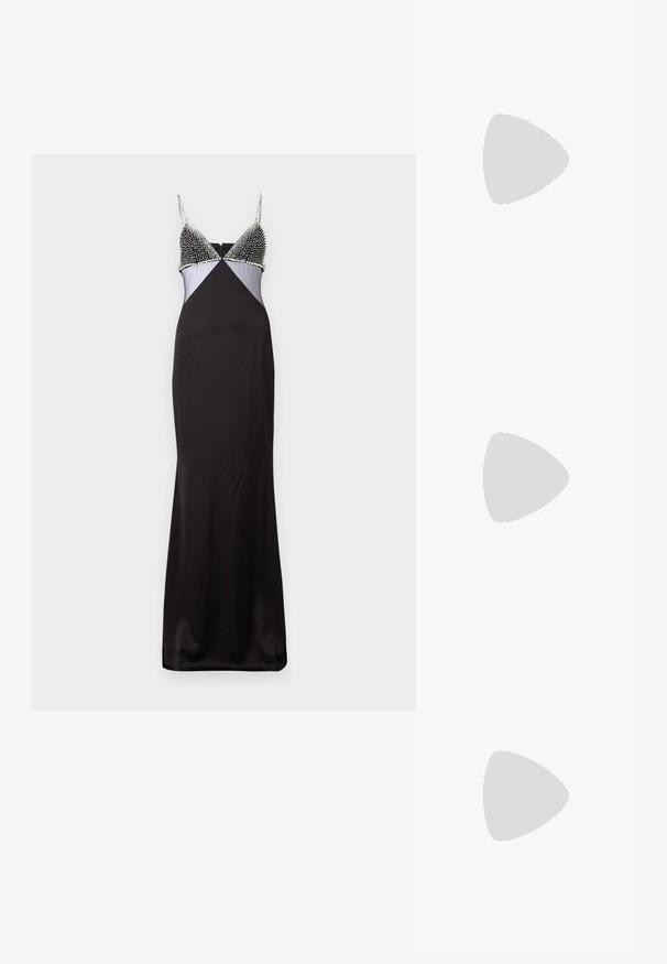 David Koma TRIANGLE CRYSTAL BRA EMBROIDERY GOWN - Vestido de fiesta - black/silver; Sandal de tacón alto en color nude con una delgada correa en el tobillo, punta abierta, cuero suave y un tacón elegante y afinado. Diseño minimalista con detalles en dorado.; Bolso de cubo negro de cuero con un acabado texturizado, acentos de hardware dorado y parte superior abierta. Cuenta con un asa corta y una correa de hombro ajustable.; DANNIJO COLLINS EARRINGS - Pendientes - gold-coloured/silver-coloured
