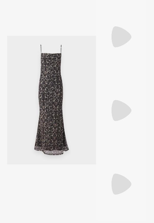 Gina Tricot COWL NECK MAXI  - Maksi suknelė - leo; Rudos odinės kaubojaus batai su smailiu priekiu ir blokuotu kulnu, pasižymintys detaliu siuvinėjimu ir iškiliais akcentais ant ašies.; Juodas odinis dėkliukas su atvarteliu ir auksinės metalinės sagties detalėmis. Įeina juodas diržas ir elegantiškas, minimalistinis dizainas.; Sidabriniai auskarai žiedai su sukto dizaino, turintys poliruotą apdailą ir fiksavimo smeigtuką. Skersmuo maždaug 3 cm.