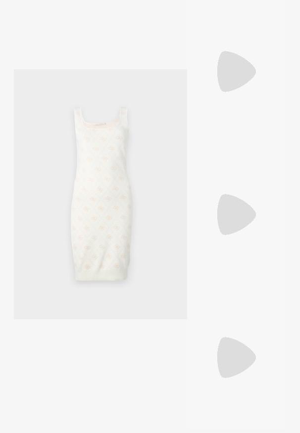 Rochie tricotată în crem, cu un model floral subtil. Prezintă un design mulat, decolteu pătrat și tiv texturat. Textură moale pentru confort.; Sandale negre cu toc înalt au curele subțiri cu un design legat, un vârf pătrat neted și un toc stiletto elegant.; Geantă metalică gri deschis, cu un strap din lanț, decorată cu mici ținte circulare metalice și un logo de marcă triangular.; Cercei rotunzi din argint cu un finisaj neted și strălucitor. Design ușor, având o formă rotundă și închidere cu tijă.