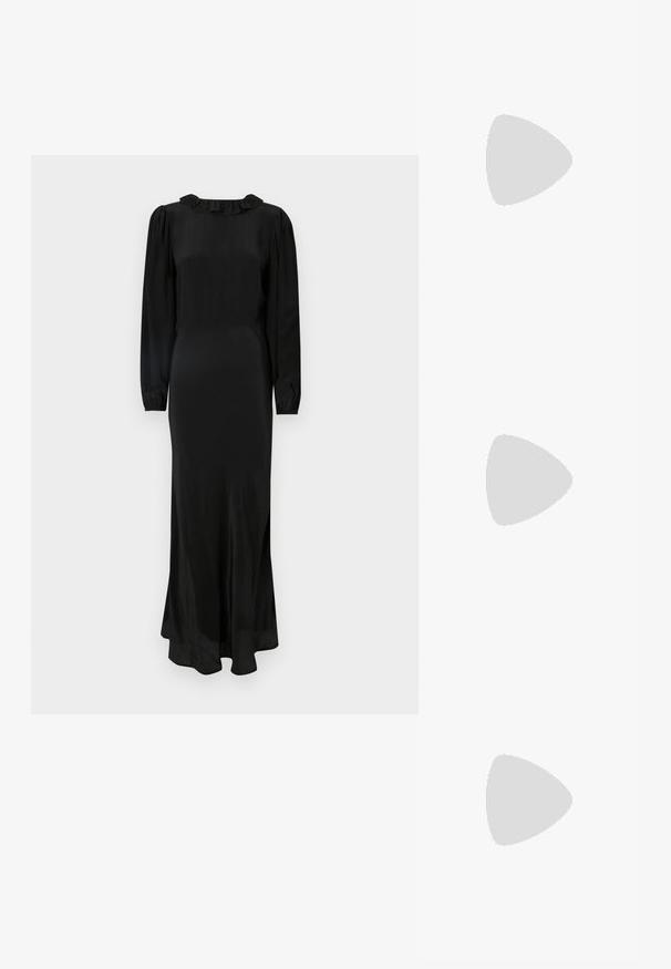 Maisonêtre IDA DRESS - Robe longue - black; Sandale à talon doré métallique avec un bout carré, une seule bride à l'avant et une bride à la cheville. Dispose d'un talon carré et d'une texture lisse.; Sac à main en maille dorée avec une finition texturée, une poignée nouée et une fermeture zippée. Présente une étiquette de marque discrète à l'avant.; Boucles d'oreilles en forme de goutte en perles avec une surface polie, dotées d'un fermoir en argent et de perles blanches rondes. Design simple et classique.