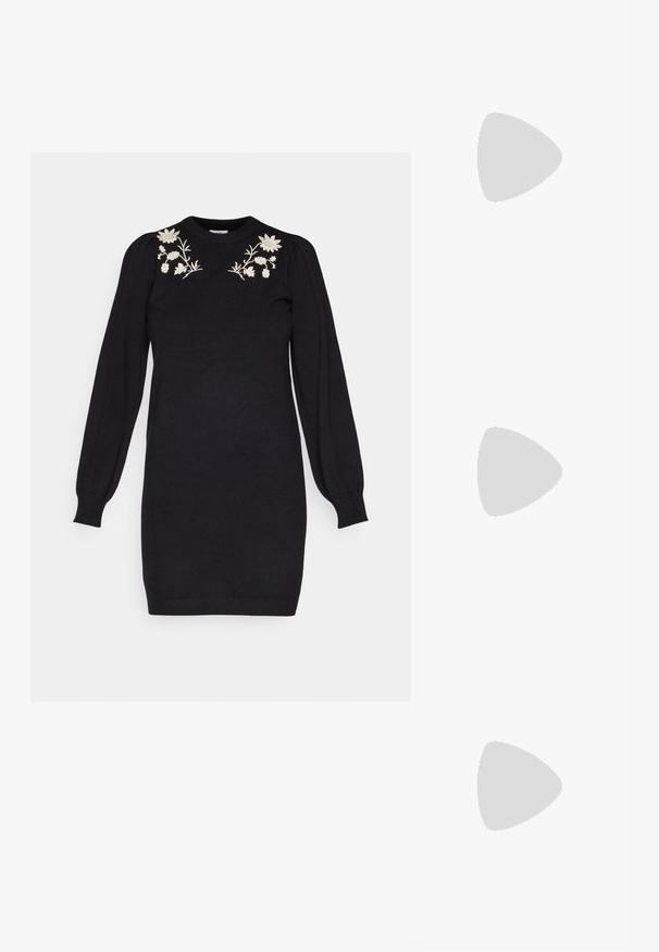 Object OBJTHESS EMBROIDERY DRESS - Sarafanas - black detail:sandshell embroidery; Juodos odinės aulinukės su apvalia nosimi, raišteliais priekyje ir storesniu guminio pado apačioje su tekstūruotu raštu. Priekyje yra kilputė.; Juodas odinis dėkliukas su atvarteliu ir auksinės metalinės sagties detalėmis. Įeina juodas diržas ir elegantiškas, minimalistinis dizainas.; Aukso spalvos žiedo auskarai, ploni ir apvalūs, su lygiu metaliniu paviršiumi be papuošimų ar raštų.
