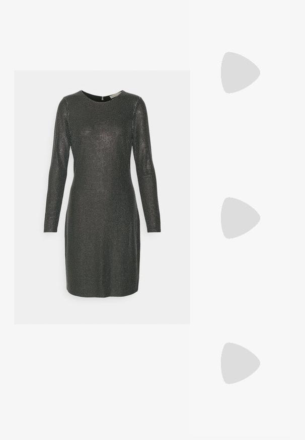 Must mustrüü, millel on väikesed metallist nupukesed, ümar kaelus ja kleidi läheduse sobivus, sile ja tekstureeritud kangas.; Stuart Weitzman STUART - Klassikalised kontsakingad - black; Must küllastamata nahast õlakott, millel on kaks esist nähtavat taskut, kuldsed pandlad, tõmblukuga sulgemine ja peen rihm. Tekstuuriga pind ja kompaktne ristkülikukujuline kuju.; Kuldtoonilised metallist rõngas kõrvarõngad, millel on kõver ja piklik kuju. Omavad siledat, läikivat pinda ja ümarat tipptugevdust, mis lisab detaili.