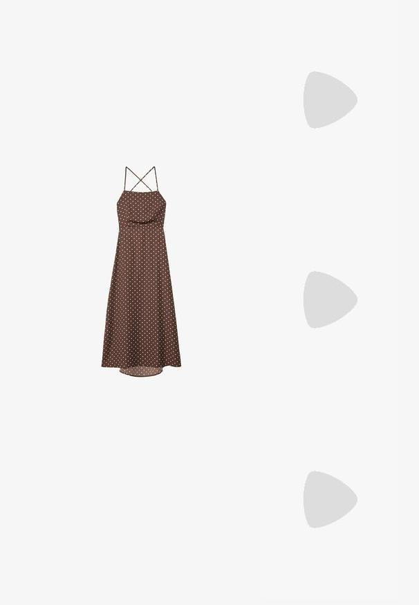Stradivarius POLKA DOT WITH OPEN BACK  - Robe de jour - dark brown; Bershka WITH ANKLE STRAP - Sandales à talons hauts - gold coloured; Even&Odd by Zalando Lunettes anti-lumière bleue - gold-coloured; PULL&BEAR HALF MOON  - Sac à main - white