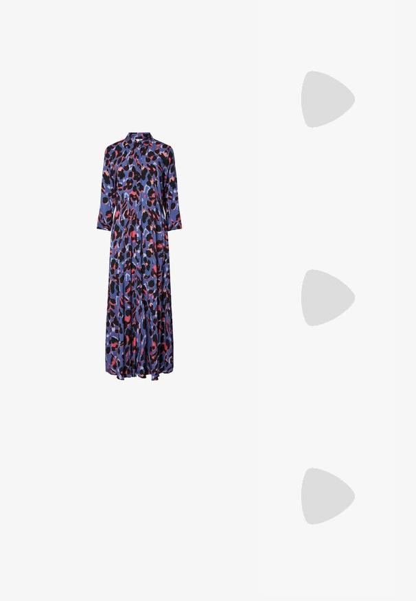 Maxi dress made of soft fabric in a purple base with black and red abstract leopard print. Features a collar and long sleeves.; Pointed-toe high heel shoe with a silver, gold, and nude color scheme. Glossy finish with cutout design, featuring a stiletto heel.; Silver metallic pouch bag with a soft, rounded shape and a knotted top closure. Made from smooth faux leather material.; Silver hoop earrings with a twisted design, featuring a polished finish and post-back closure. Measure approximately 3 cm in diameter.