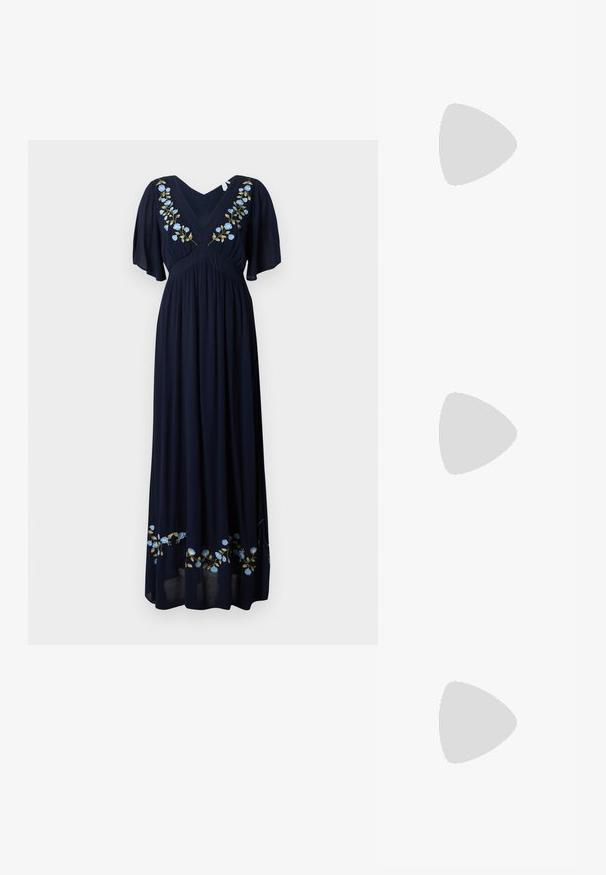 Navy blue maxi dress with short flutter sleeves, v-neckline, and floral embroidery in light blue and green along the chest and hem.; Pointed-toe high heel shoe with a silver, gold, and nude color scheme. Glossy finish with cutout design, featuring a stiletto heel.; Silver metallic pouch bag with a soft, rounded shape and a knotted top closure. Made from smooth faux leather material.; Silver hoop earrings with a twisted design, featuring a polished finish and post-back closure. Measure approximately 3 cm in diameter.