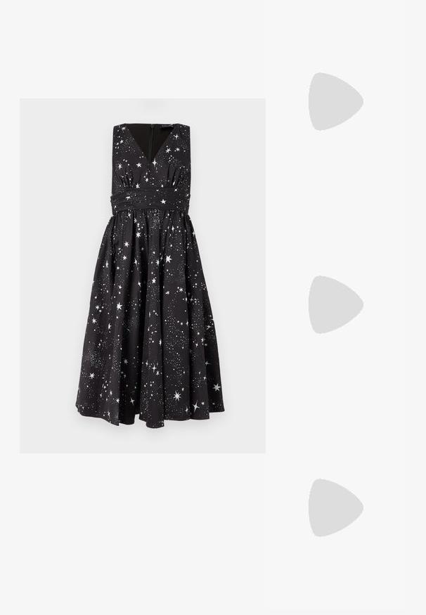 Black sleeveless dress with a V-neck, gathered waist, and full skirt; features white star patterns and a concealed back zipper.; Black leather sandal with a twisted upper design, square toe, and a low block heel, featuring a smooth texture and minimalist style.; Black cat-eye sunglasses with a matte finish, featuring gray tinted lenses, sharp angles, and sleek side arms. Brand name visible on the inner arm.; Black woven tote bag with long handles, featuring a detachable black pouch with a gold logo, textured surface, and open design.