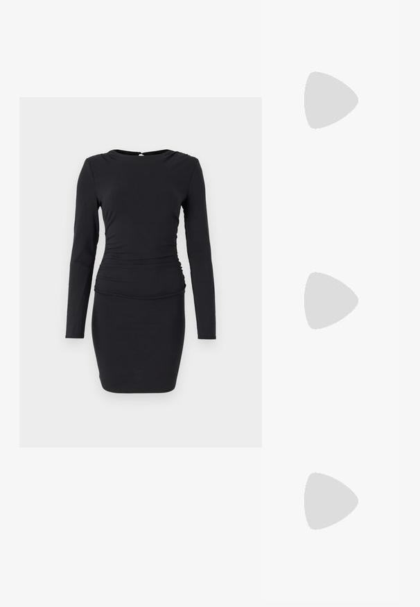 Juoda ilgomis rankovėmis suknelė, pagaminta iš elastingos medžiagos, pasižyminti prigludusia siluetu, raukšlėmis šone ir maža skylute nugaroje su uždarymu.; Auksiniai, metaliniai slingback aukštakulniai bateliai su smailiu pirštu ir masyviu kulnu. Lygus paviršius, minimalizmo dizainas ir siaura juostelė.; Juodas odinis krepšys su išlenkta forma, nuimamu dirželiu ir auksiniais detalėmis. Krepšys turi kilpą su sagtimi.; Aukso tono metalinės auskarai su stilingu, kreiviu dizainu. Išsiskiria ryškiu smailiu pavidalu, poliruota paviršiumi ir užsegimu su vyriu.